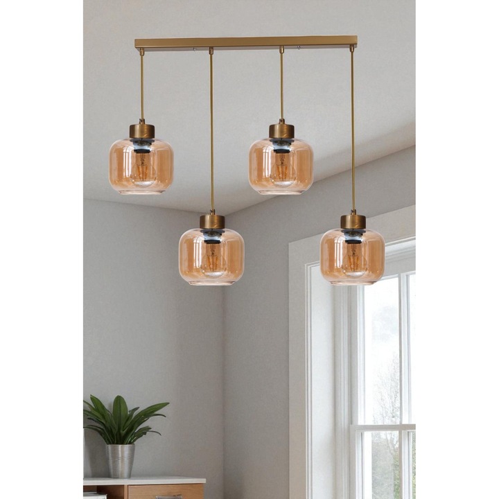 Lustra Opviq Honey si Gold, 4 socluri E27, inaltime ajustabila, 80cm, culoare Miere si Auriu