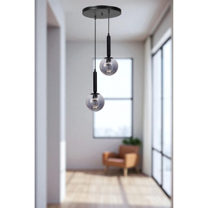 Метална и стъклена лустра, Opviq, сива и черна, регулируема височина, размери 80 см x O25 см