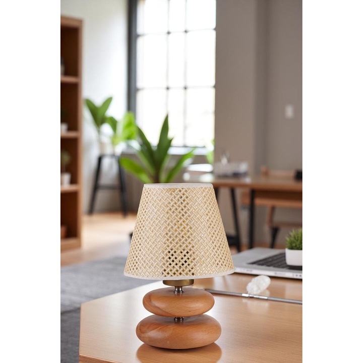 Veioza din lemn, Opviq, bej si stejar, 29cm, cablu 100cm