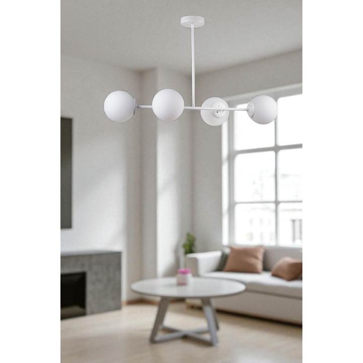 Lustra Metal si Sticla, Opviq, Alb, O15x15cm, Inaltime 65cm, 4 socluri E27