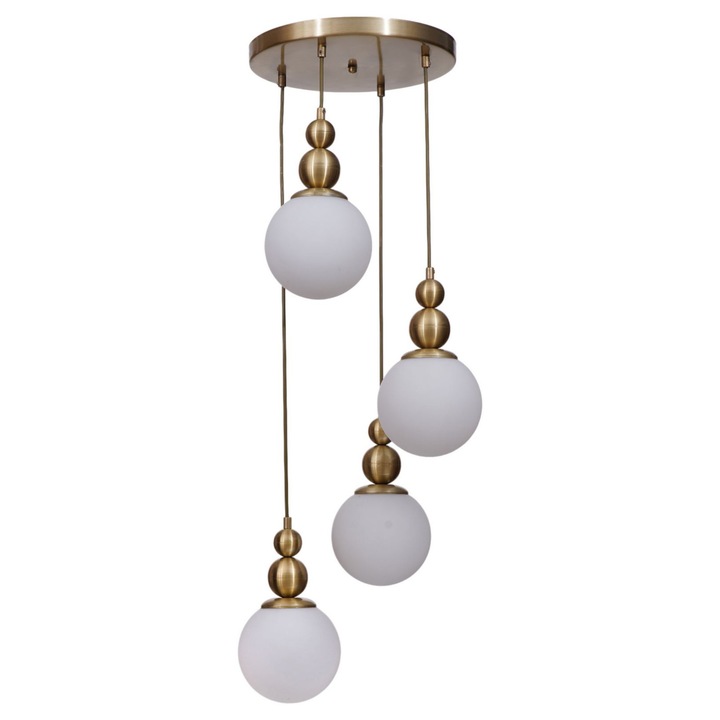 Lustra Opviq, metal si sticla, alb si auriu, dimensiuni 30x80cm, 4 socluri E27