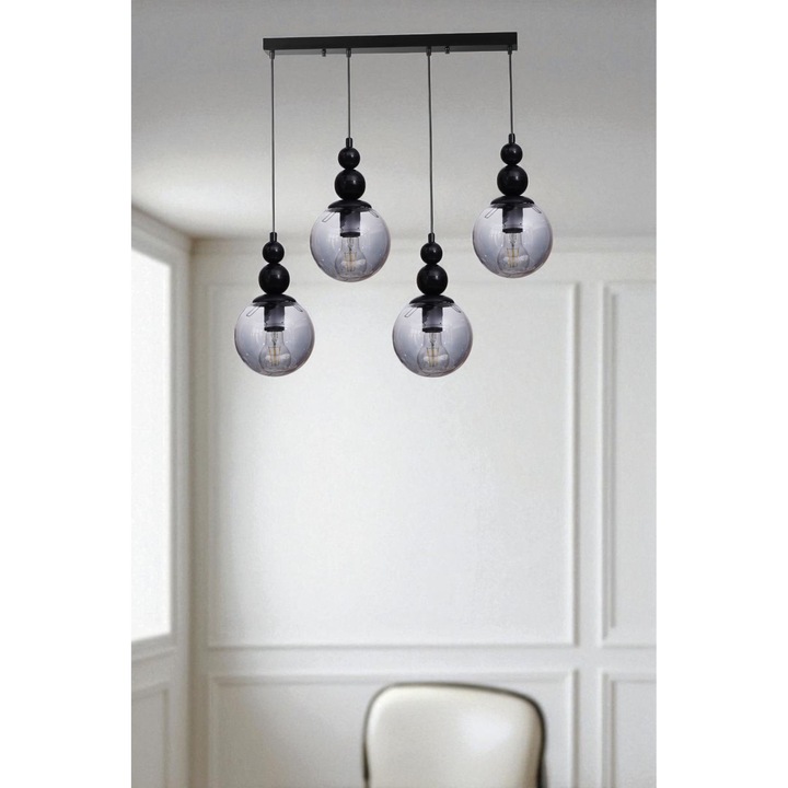 Lustra Metalica si Sticla, Opviq, Gri si Negru, Inaltime Ajustabila, Dimensiuni: 80cm