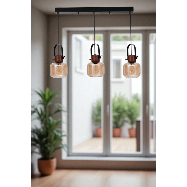 Lustra Opviq, metal cu capac din sticla, nuante miere si nuc, inaltime 80cm