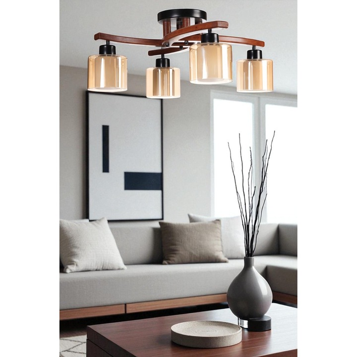 Lustra Opviq, модел 986, метал със стъклен капак, цвят мед и орех, размери 28xO18cm