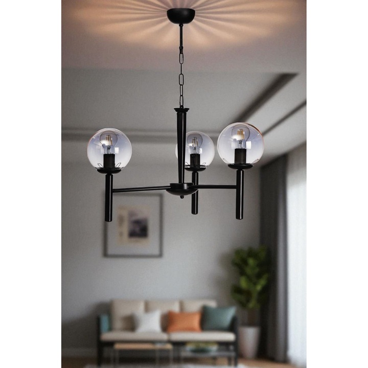 Lustra Metalica, Abajur Sticla, Opviq, 3 x E27, Gri si Negru, 70cm