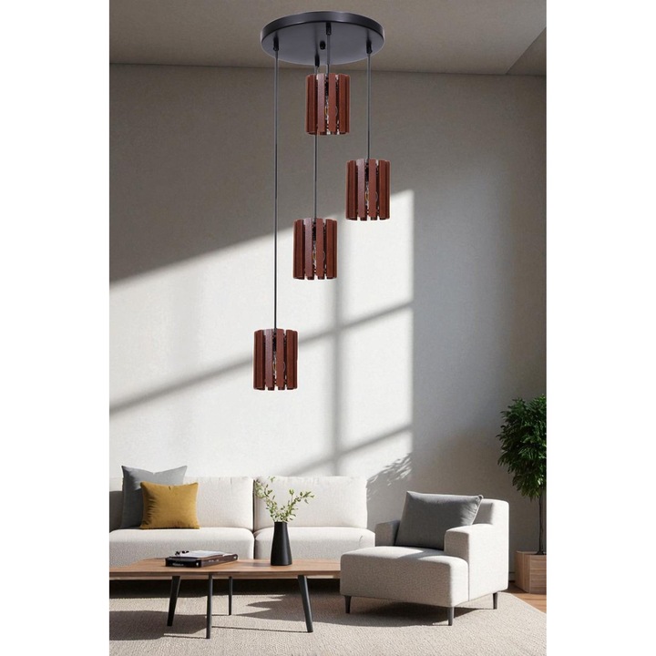 Лампа Opviq, модел 038, метал с дървен капак, 4 фасунги E27, цвят орех и черен, обща височина 80см