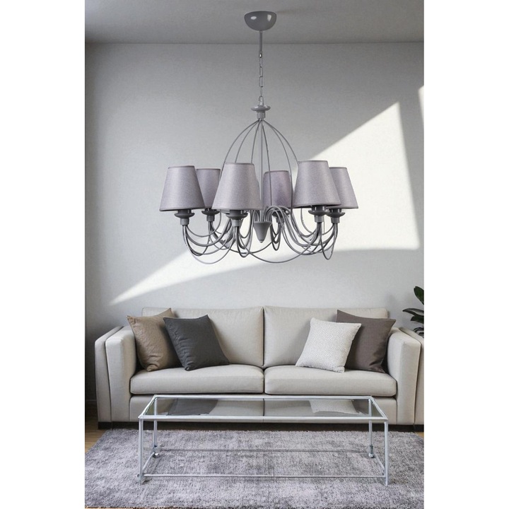 Метална лустра, Opviq, сива, 6 фасунги E14, регулируема височина