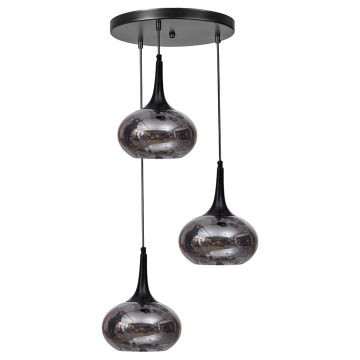 Lustra Opviq, metal si sticla, 3 socluri E27, gri si negru, 80cm