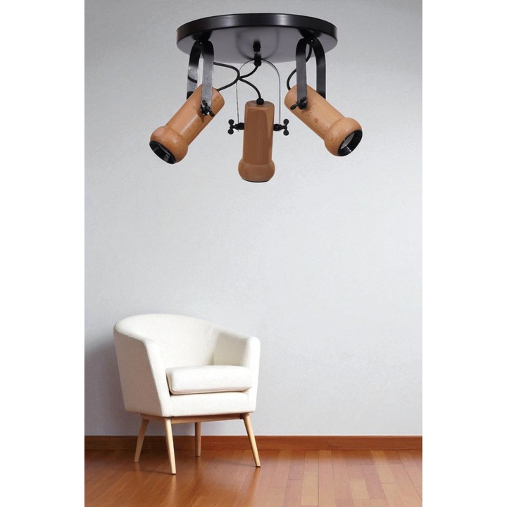 Lustra Metalica si din Lemn, Opviq, Neagra si Stejar, 26cm, 3 x GU 10