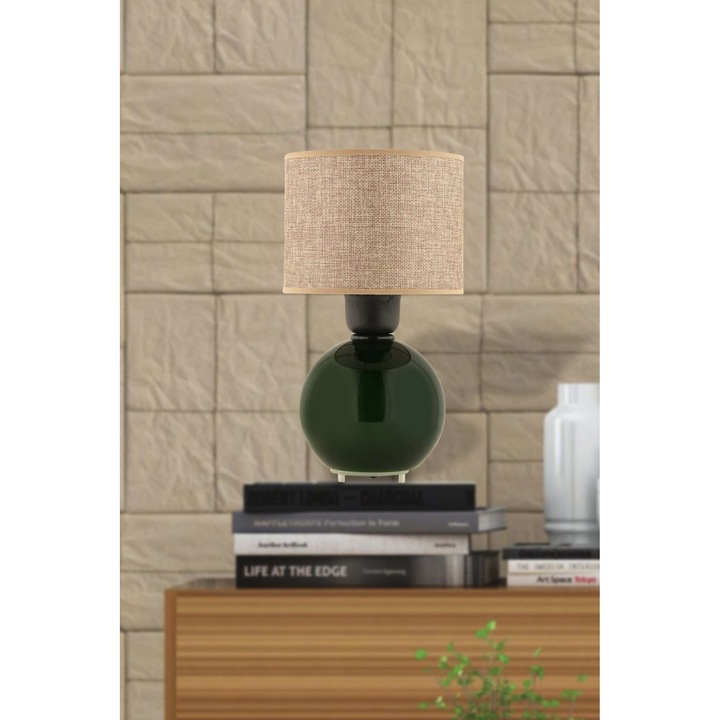 Veioza Opviq, sticla, bej si verde, 28cm, cu capac din tesatura