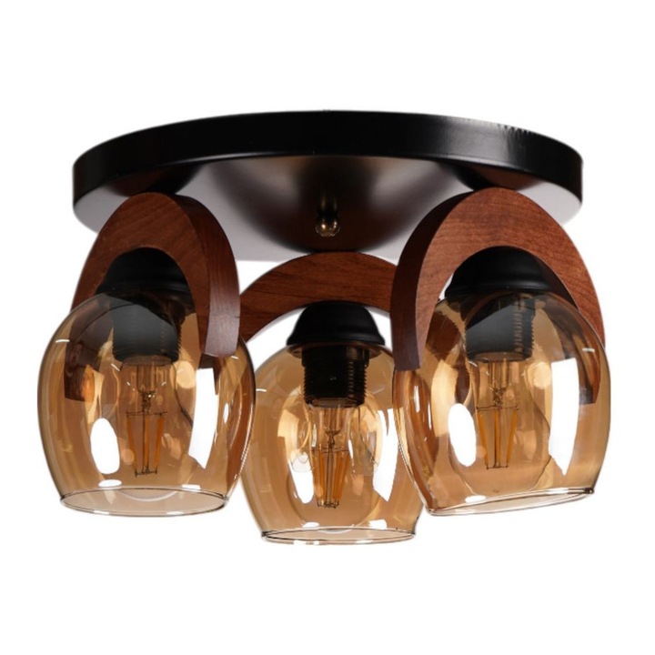 Lustra, Opviq, metal si lemn, 3 E27, nuante miere si nuc