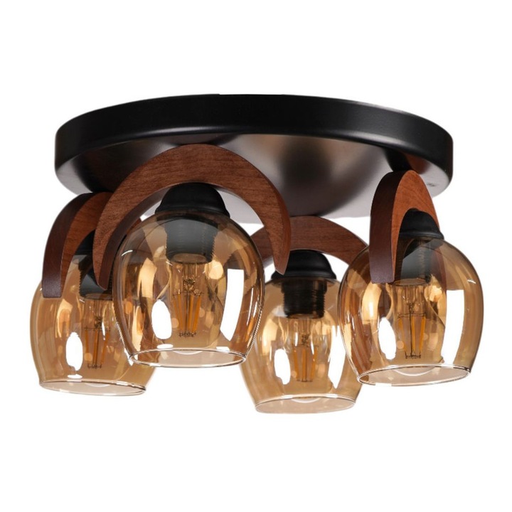 Lustra Metalica si din Lemn Opviq, 4 socluri E27, culori miere si nuc, dimensiuni 30x21cm