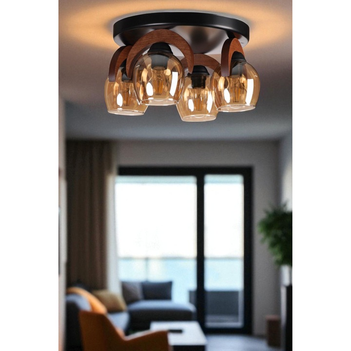 Метална и дървена полилей, Opviq, 4 фасунги E27, цветове мед и орех, размери 30x21см