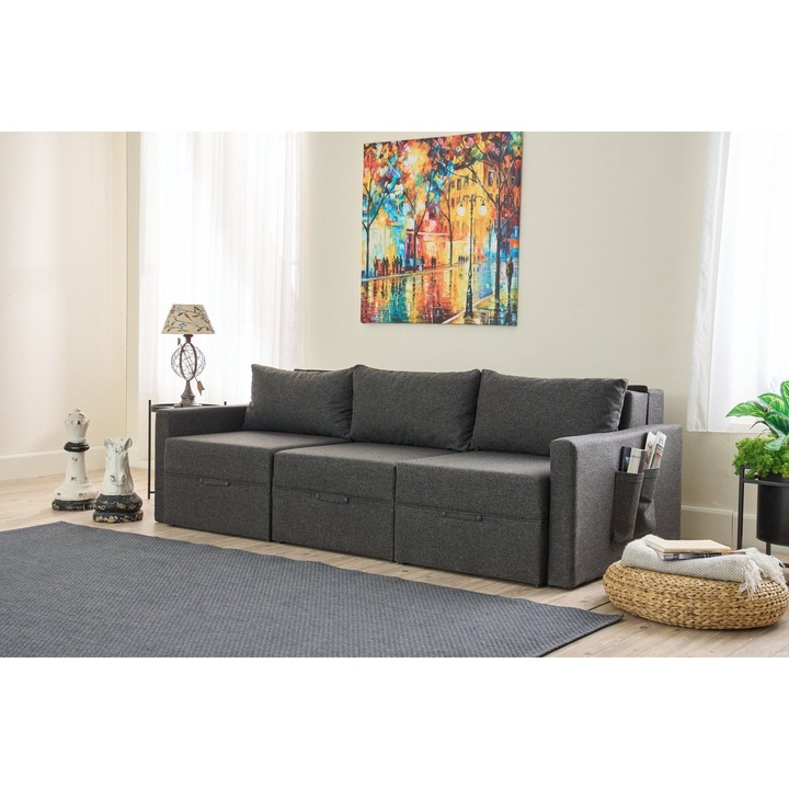 Canapea extensibila 3 locuri, Atelier Del Sofa, Antracit, 230x110x72cm, cu lada de depozitare