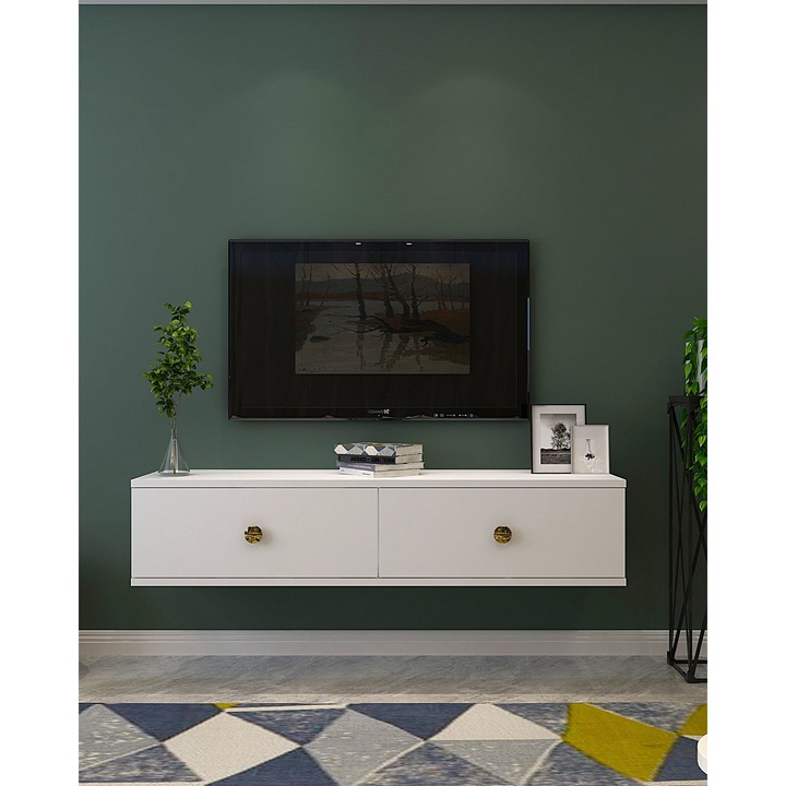 Comoda TV Woody Fashion, alb, auriu, 120x25,8x29,6cm, set 1 buc.