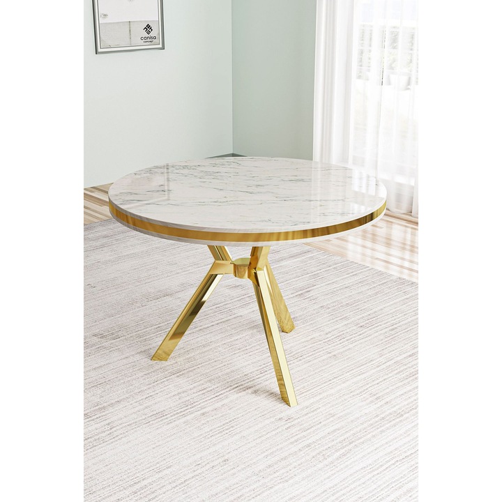 Masa de dining Woody Fashion, alb marmorat, accente aurii, 90x90x74cm