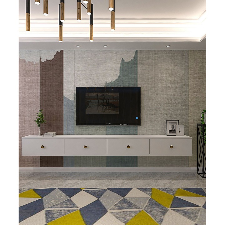 Comoda TV Woody Fashion, alb, 240x25.6x29.6cm, 2 piese, cu rafturi multiple