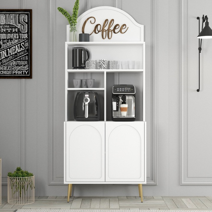 Set mobilier bucatarie Woody Fashion, dulap bar cafea, alb, auriu, 81,3x201x35cm, 18mm, cu rafturi multiple