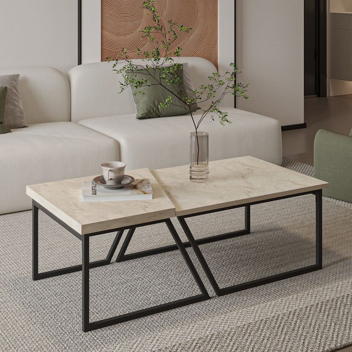 Set mese de cafea Woody Fashion, travertin, 120x40.6x60cm, picioare metalice negre