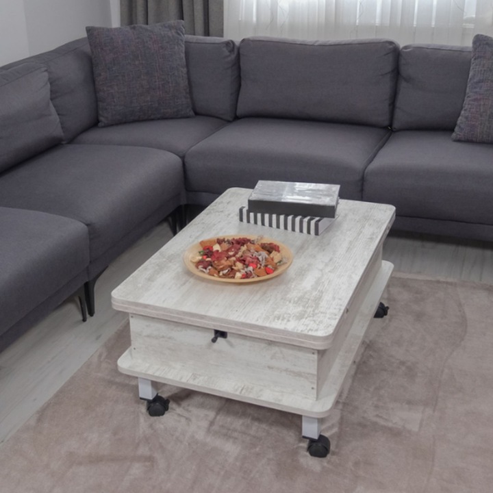 Masa de cafea Woody Fashion 364, Alb Antic, 90x60x40cm, picioare metalice, roti