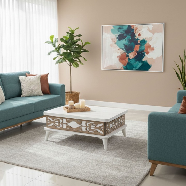 Masa de cafea Woody Fashion, alb, 90x60x38cm, 120x90x70cm, picioare din plastic