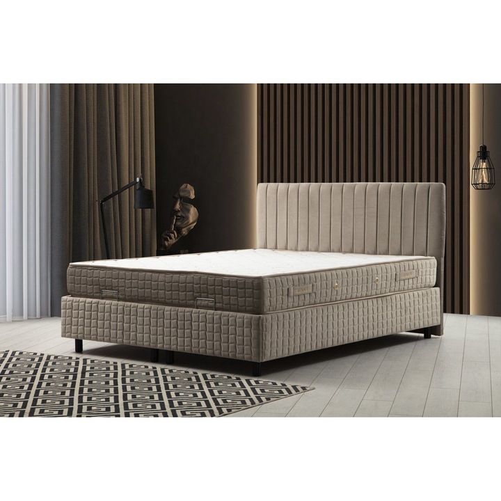 Pat dublu Woody Fashion, cu saltea si tablie, 140x200cm, 18mm, maro