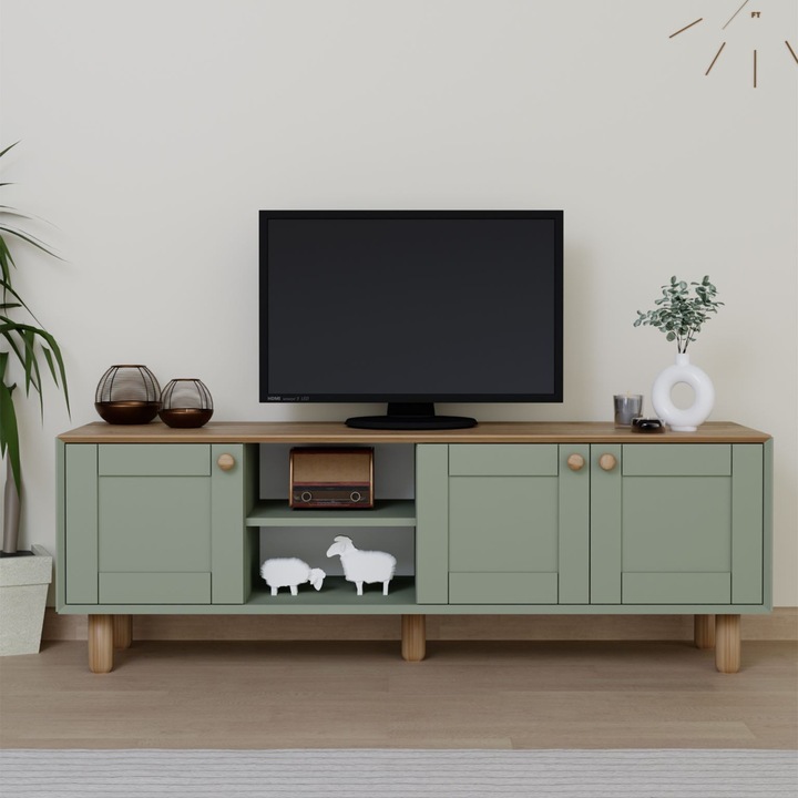 Comoda TV Woody Fashion, verde, 160x56x40cm, din PAL melaminat, cu rafturi multiple