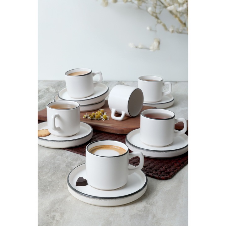 Set de cesti de ceai 6 piese, Hermia Concept, ceramica, antibacterian, alb mat, 8cm x 14cm