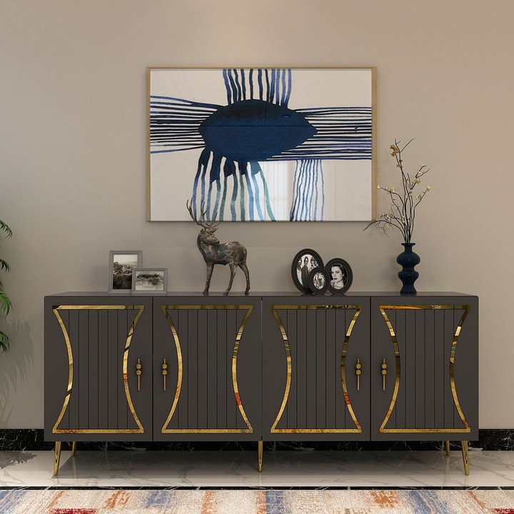 Consola Woody Fashion, Anthracit si Aur, 150x75x35cm, 18mm grosime, cu rafturi 72x27cm