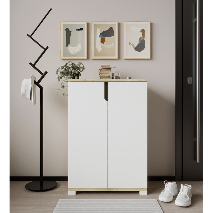 Woody Fashion cipősszekrény, 669 modell, zafír tölgy, fehér, 60x97x34cm, számos polccal, 30 kg teherbírás