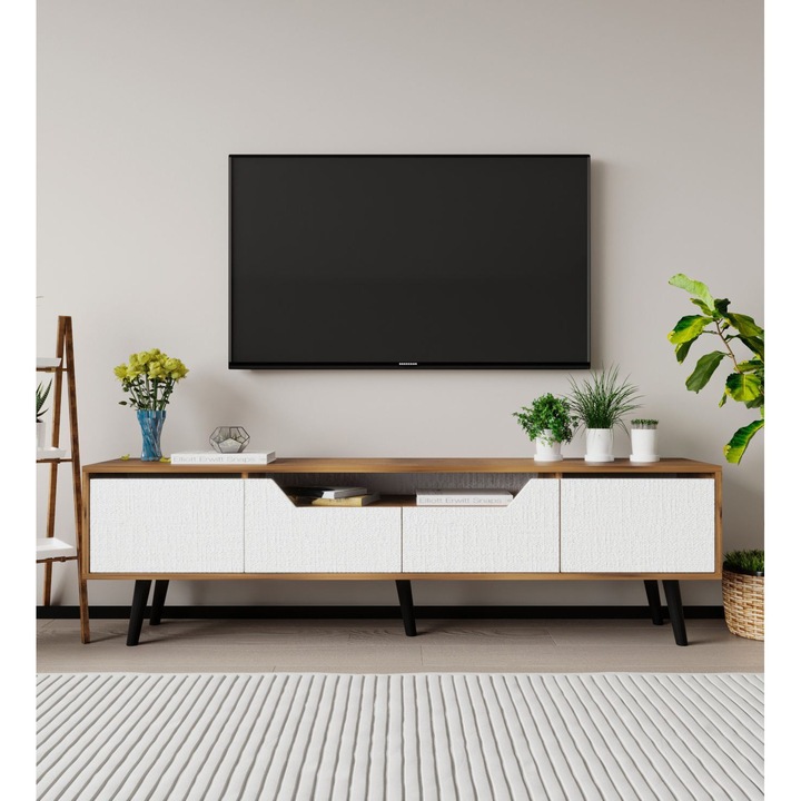 Comoda TV Woody Fashion, 180x48x29,8cm, 30kg, 2 culori, cu picioare din lemn