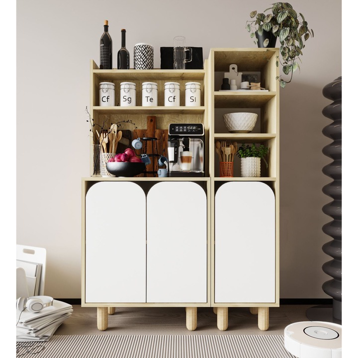 Dulap multifunctional Woody Fashion, stejar safir, alb, 105x155x40cm, 30kg capacitate, cu rafturi multiple