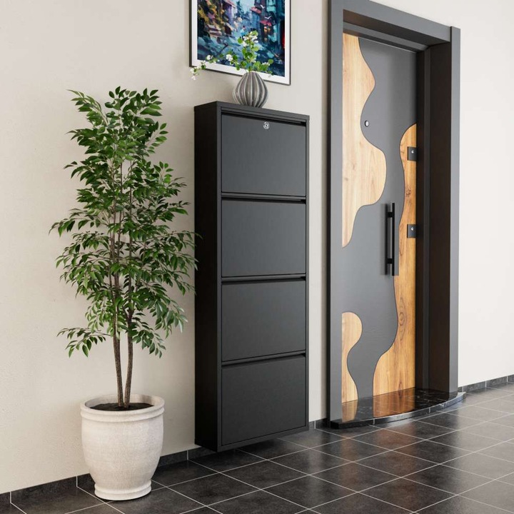 Dulap pantofi Woody Fashion, 100% metal, usi cu deschidere centrala, negru, 50x136x15cm