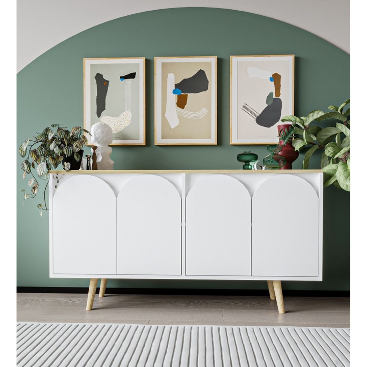 Consola Woody Fashion, 966, stejar safir, alb, 150x80x45cm, 30kg capacitate, cu picioare din lemn