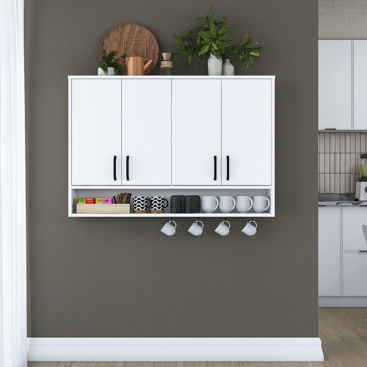 Dulap de perete Woody Fashion, alb, 120x61.8x27.5cm, cu suport pentru cani si rafturi multiple