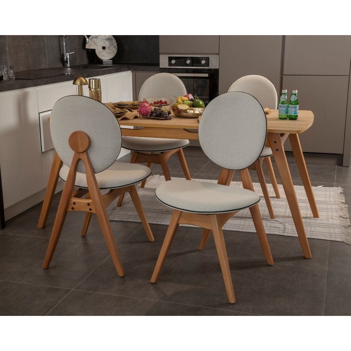 Set masa si scaune Woody Fashion, 5 piese, culoare stejar si bej, dimensiuni masa 160x80x75cm, dimensiuni scaun 52x91x44cm