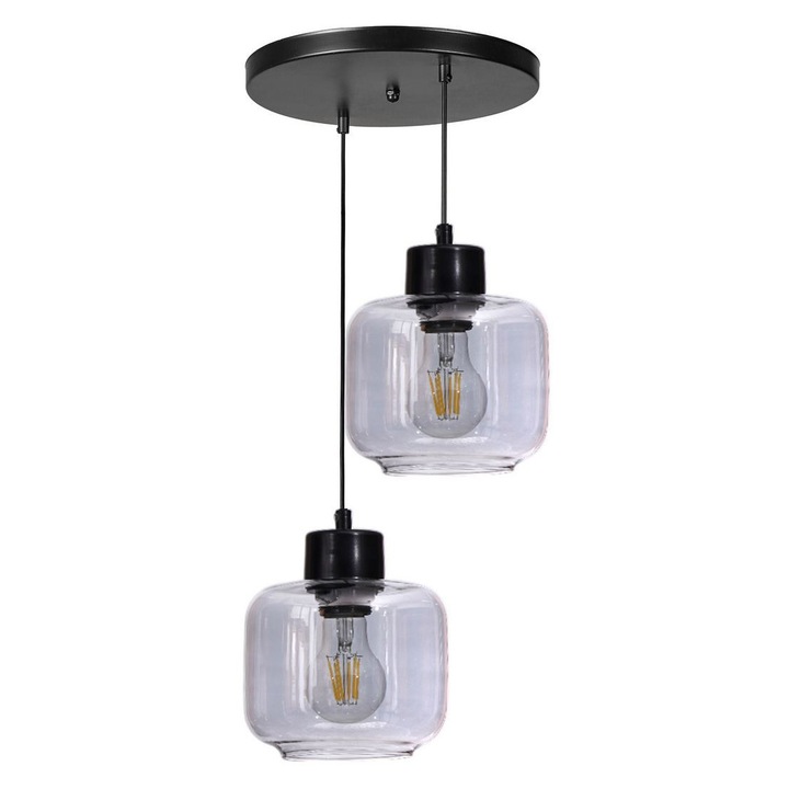 Lustra Metal si Sticla, Opviq, Gri si Negru, Inaltime Ajustabila, Diametru 15cm