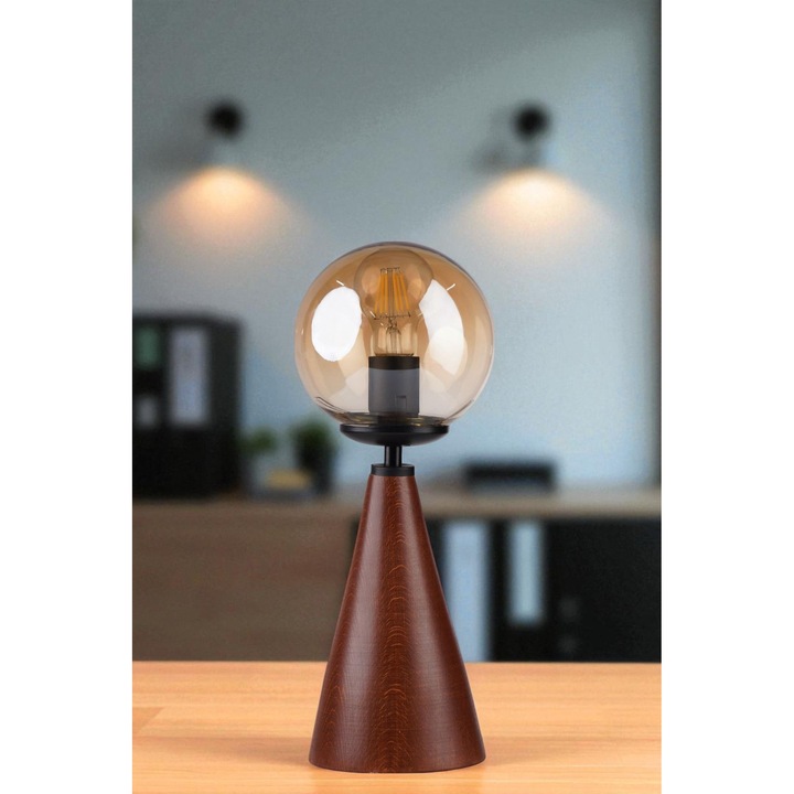 Veioza din lemn Opviq, design elegant, culori miere, negru, nuc, 38cm, cablu 100cm