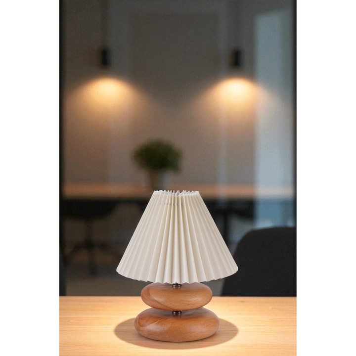 Veioza Opviq, crem si stejar, 28cm, design elegant, corp din lemn