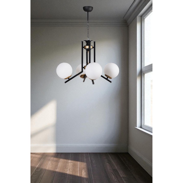 Lustra Metalica si Sticla, Opviq, Alb si Negru, 4 socluri E27, inaltime ajustabila, 75cm