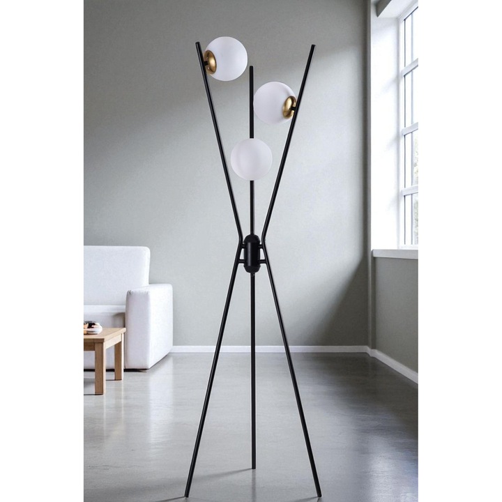 Lampa de podea, Opviq, 155 cm, metal, capac din sticla, negru, auriu, alb