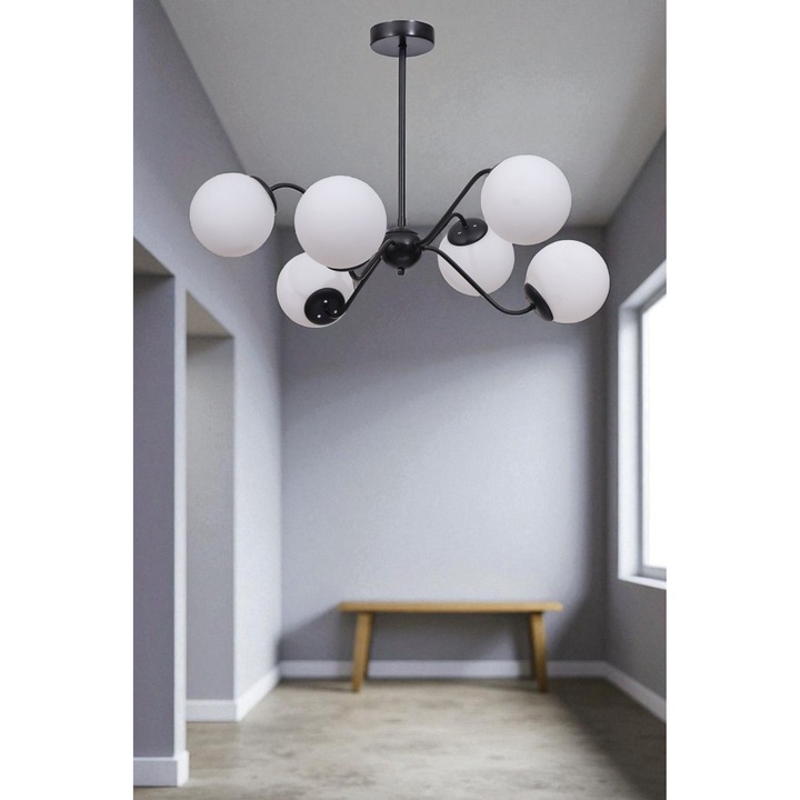 Метална и стъклена лустра, Opviq, бяла и черна, регулируеми размери 40-60см, 6 цокъла E27
