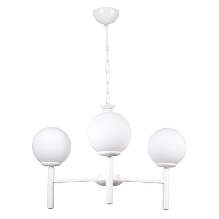 Lustra din metal si sticla, Opviq, Alb, O15 h:15cm, Inaltime totala 70cm, 3 x E27 Max 40W