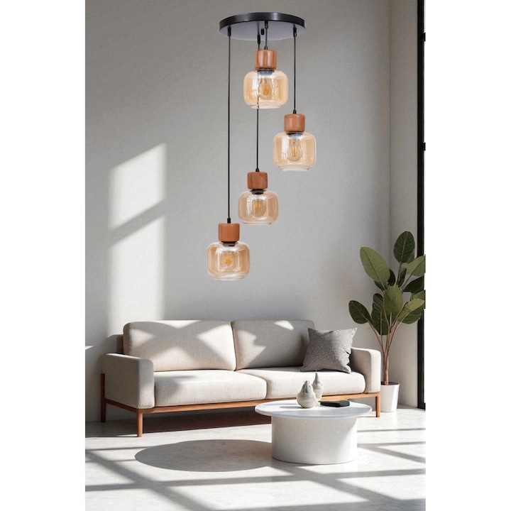 Lustra Opviq, 4 socluri E27, metal cu capac din sticla, miere, stejar, negru, 80cm