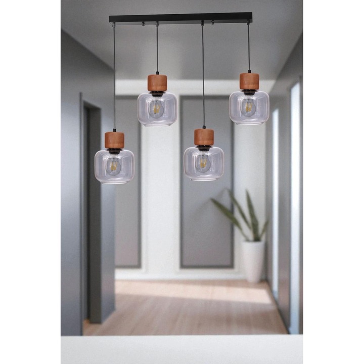 Метална лустра, Opviq, 4 фасунги E27, сива, дъб, черна, 80 см