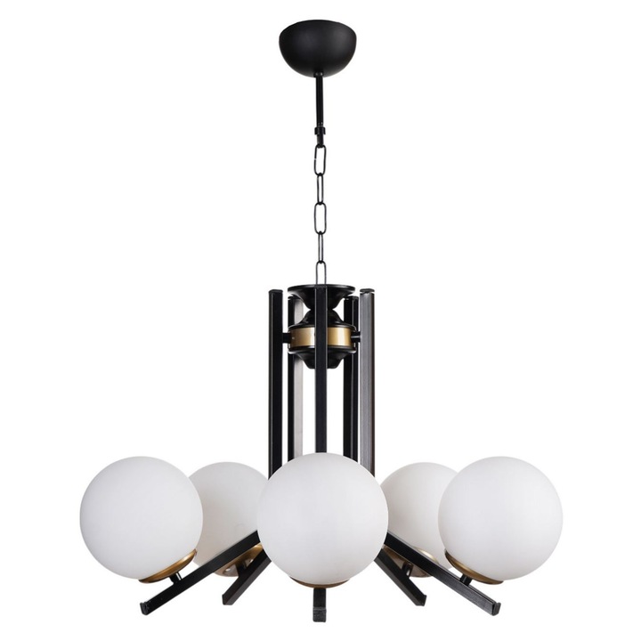 Candelabru Opviq, Metal si Sticla, 5 socluri E27, Alb si Negru, 75cm