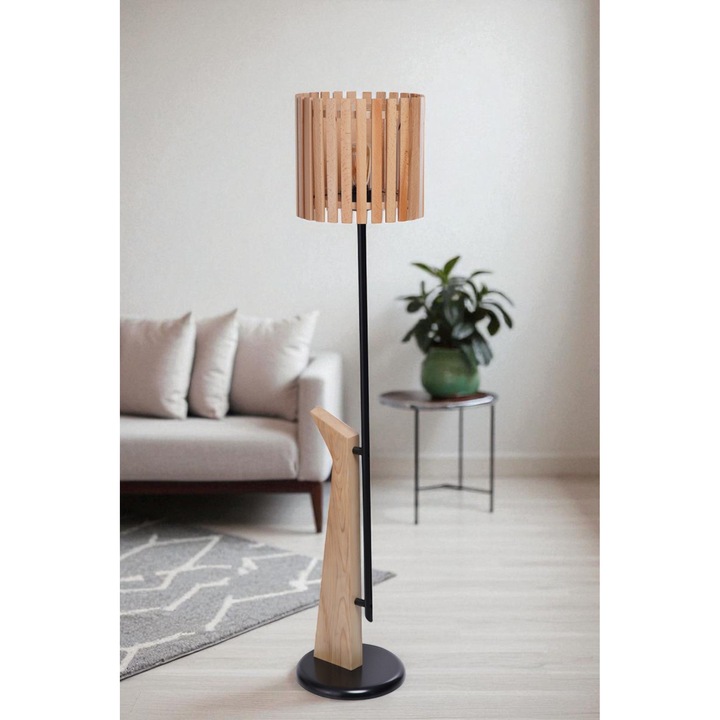 Lampa de podea, Opviq, metal cu detalii din lemn, 155cm, culoare stejar si negru