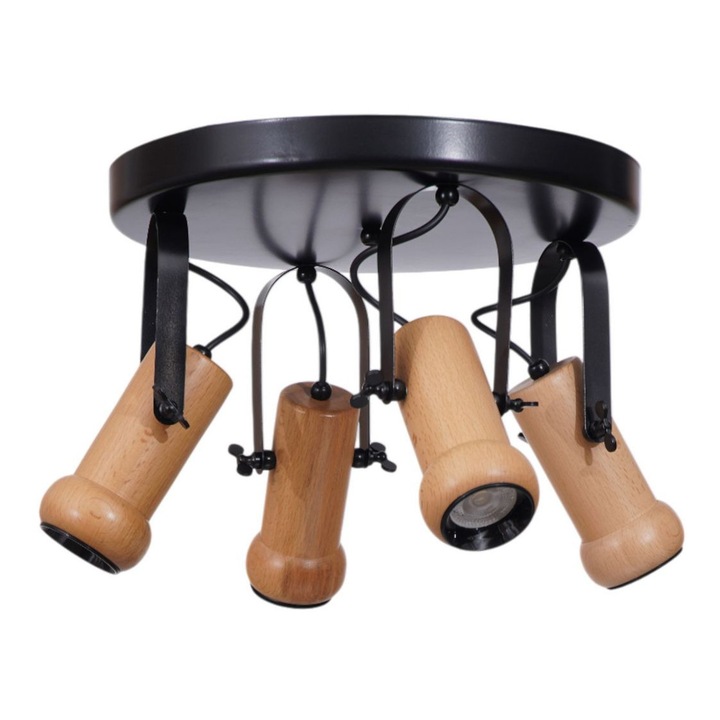 Lustra Opviq, metal negru si lemn stejar, 4 socluri GU 10, 26x35cm