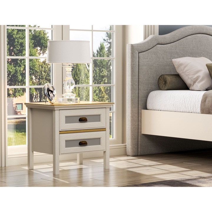 Noptiere Woody Fashion, 60,4x55x44,2cm, crem, stejar, gri, cu multiple rafturi