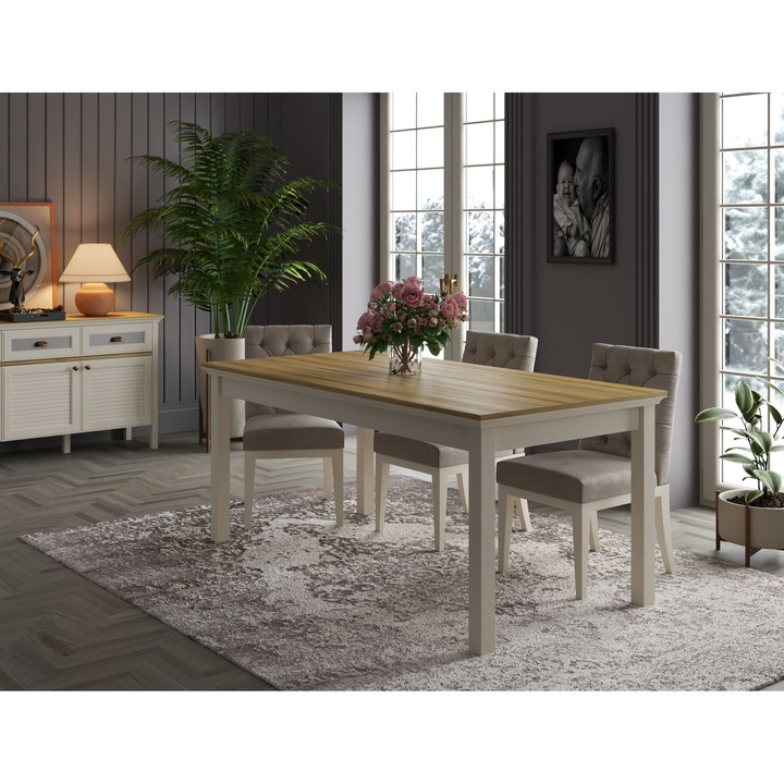 Masa de dining Woody Fashion, 180,2x77,6x90,2cm, 100% MDF, 2 usi, crem, gri